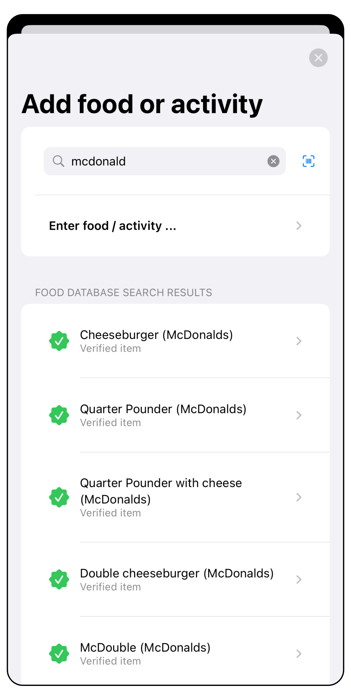 Searching food to add to diary